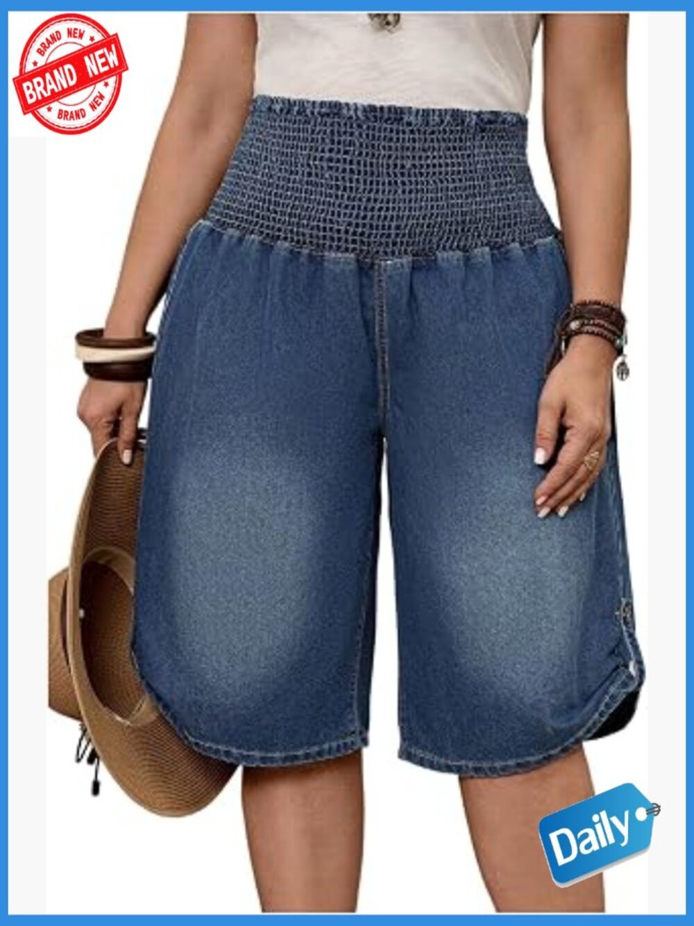 Plus Size Baggy Jean Shorts High Waisted Wide Leg Knee Length Casual Denim